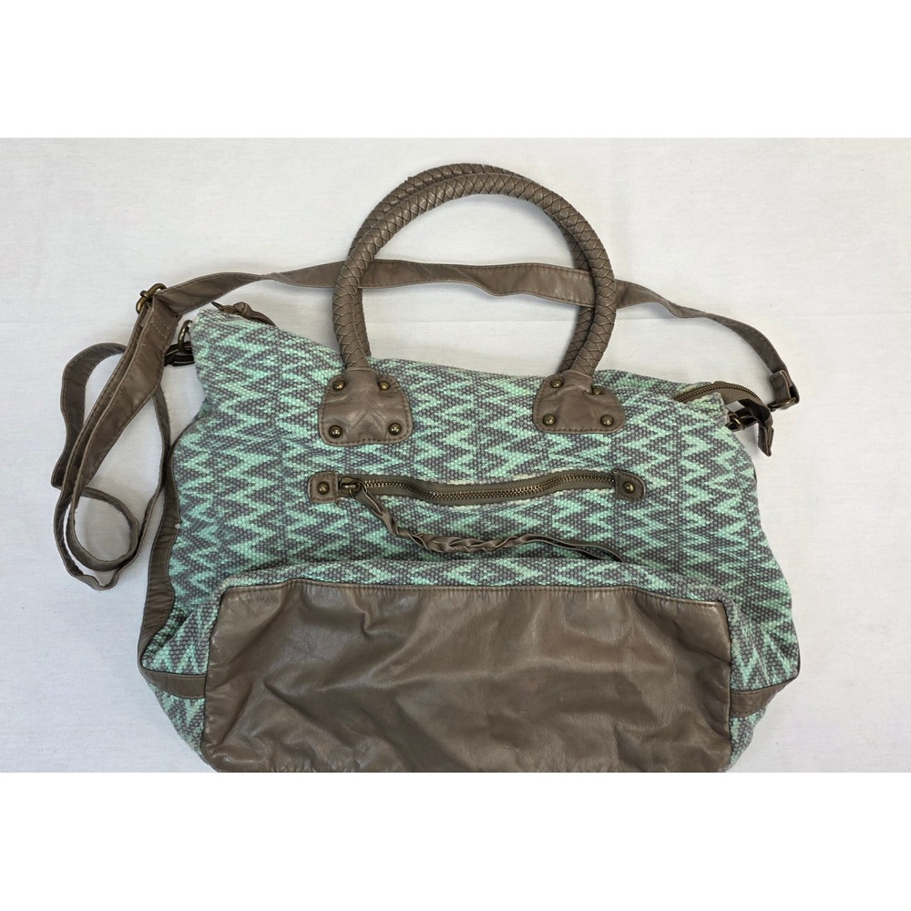 Woven Chevron Satchel Bag Mint Green Grey Braided Handles Crossbody Strap Boho - Picture 7 of 7